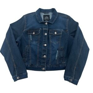 Louise Paris Women's XL Button Front Distressed Staple Denim Blue Jean Jacket